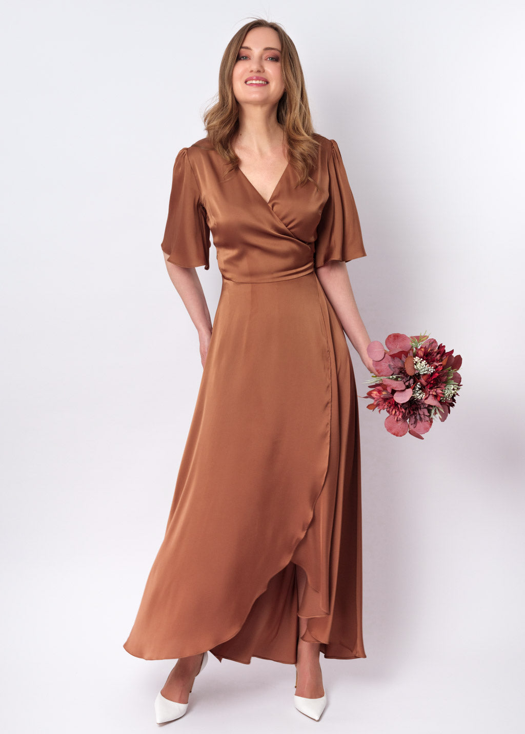 Copper gold silk long wrap dress