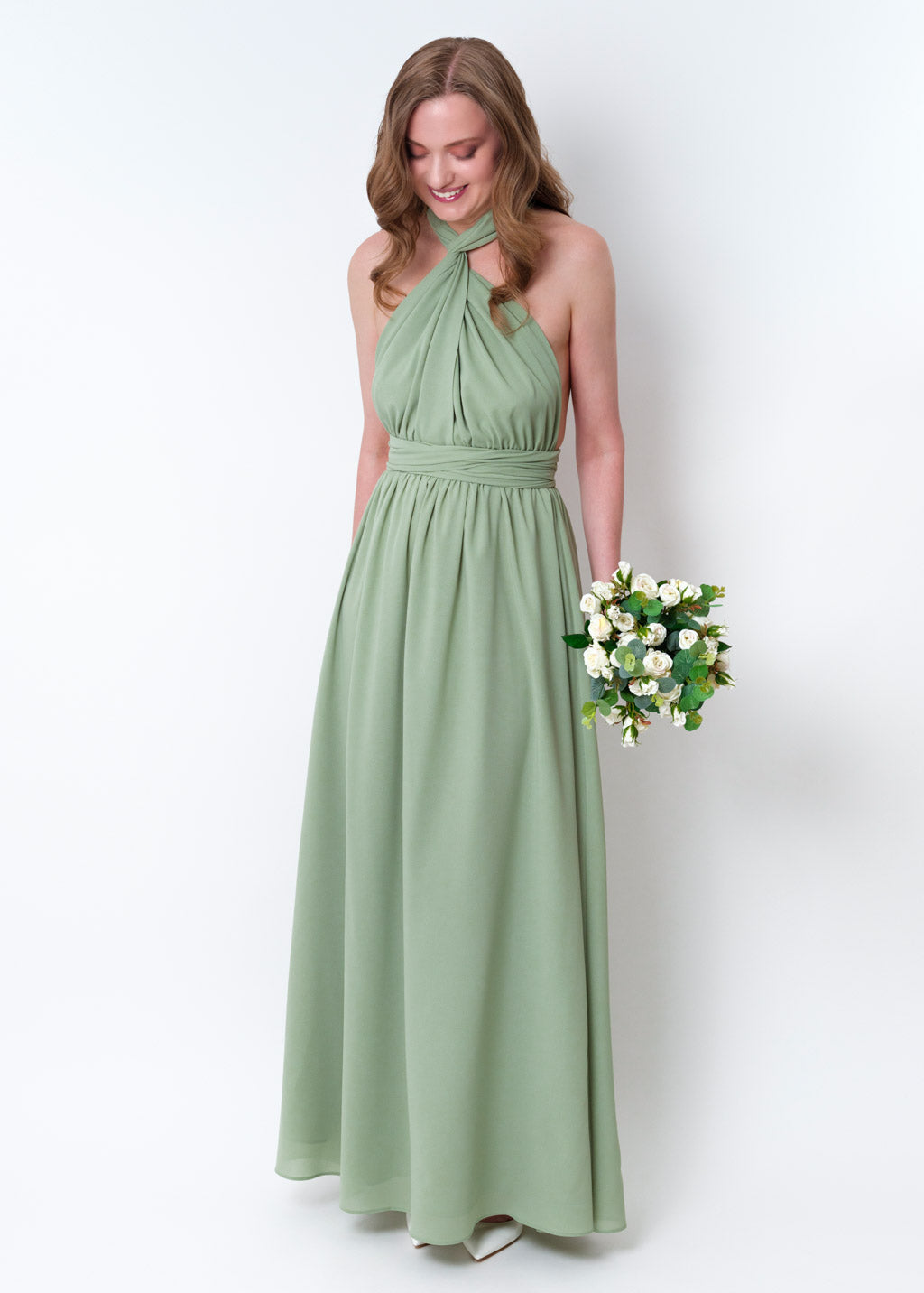 Sage green chiffon infinity pleated dress