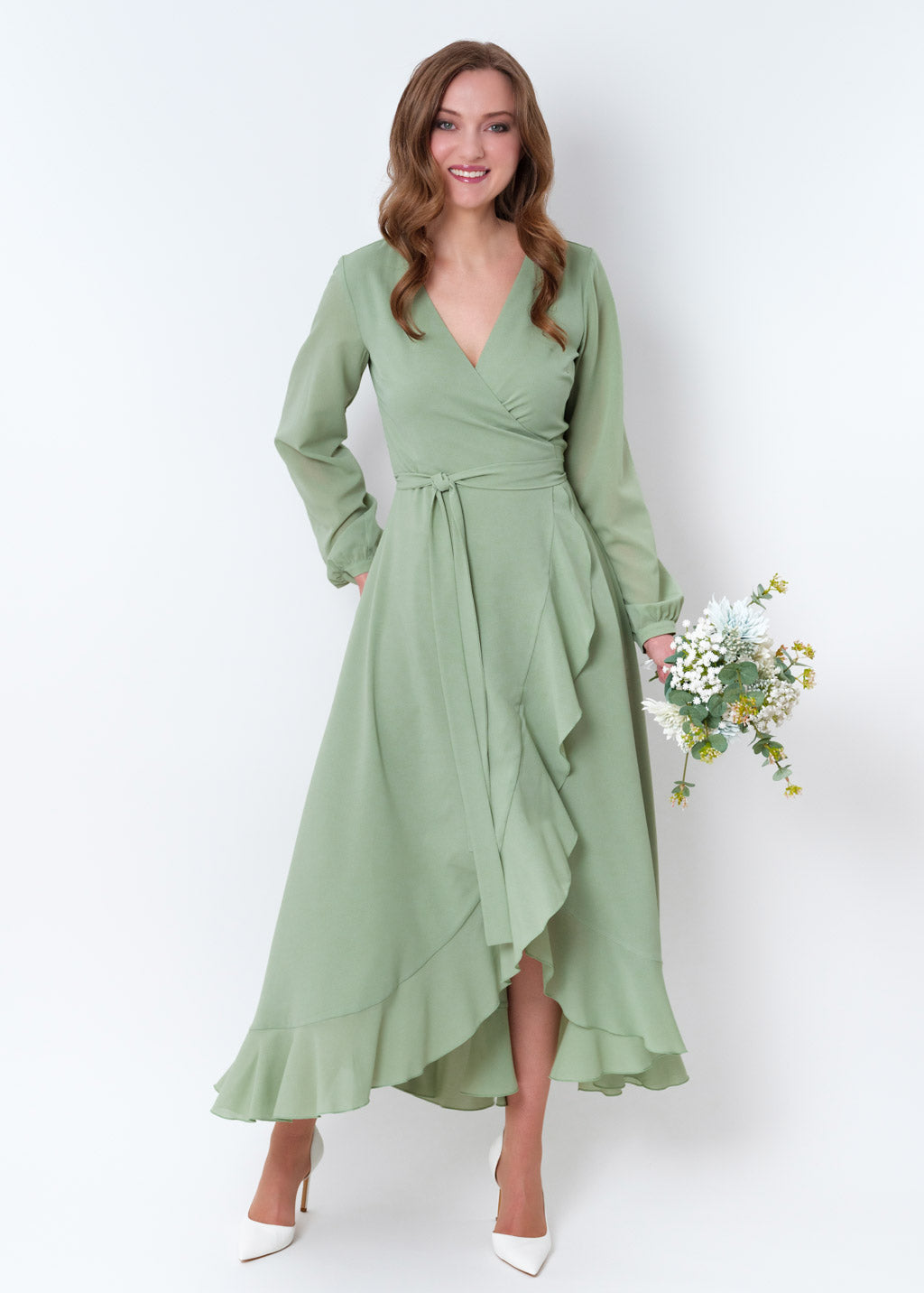 Sage green chiffon wrap dress