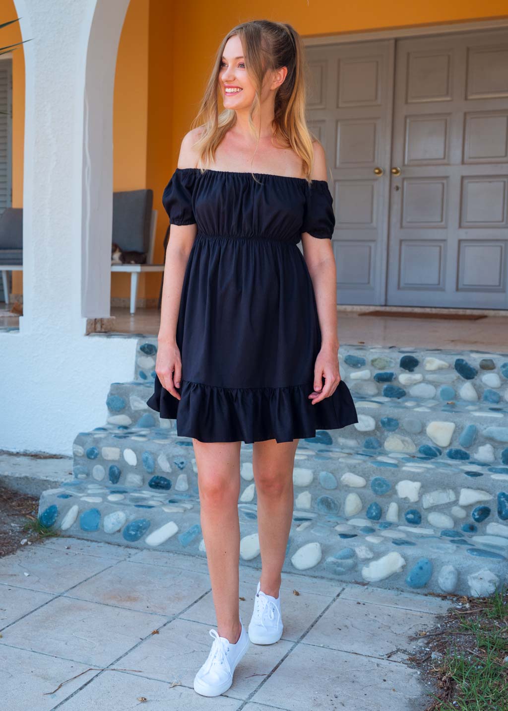 Black organic linen off shoulder short dress