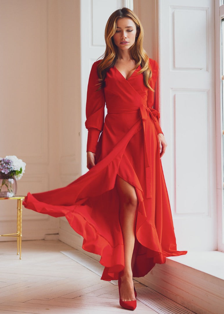 Red long wrap dress