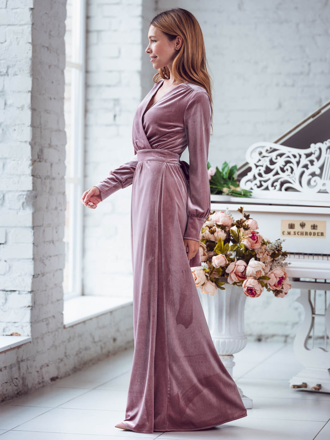 Mauve long wrap velvet robe