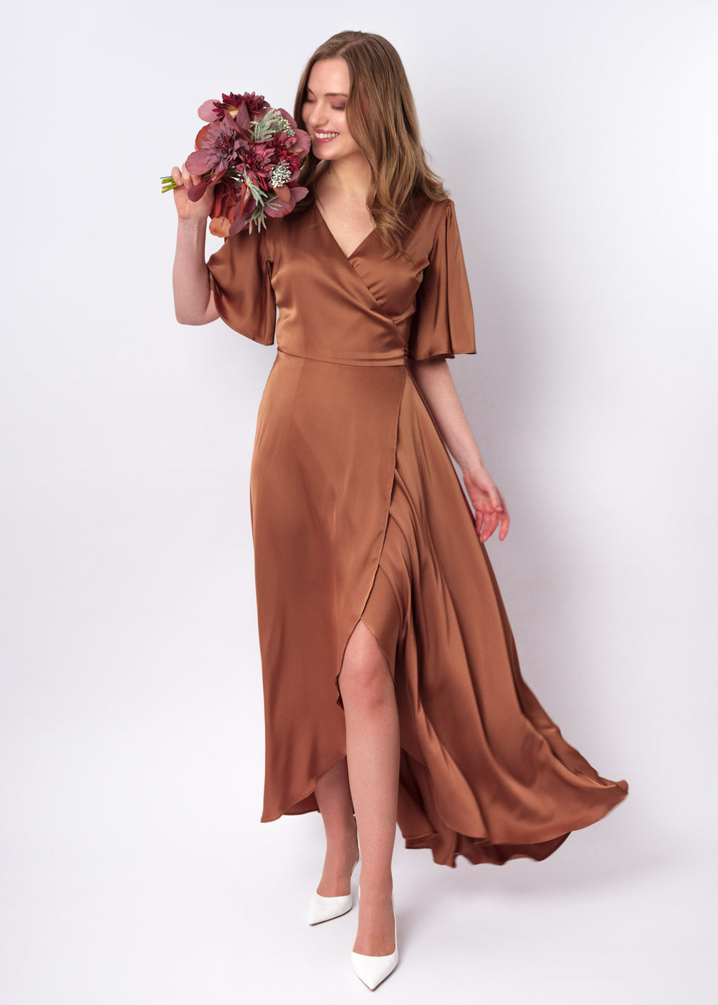 Copper gold silk long wrap dress