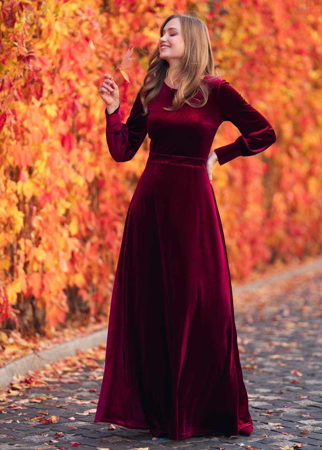 Burgundy velvet long dress