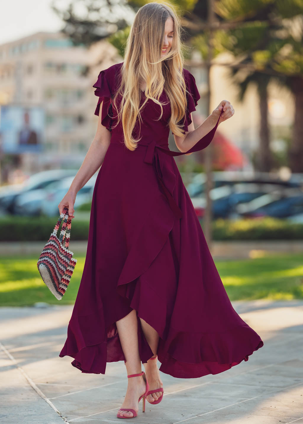 Burgundy romantic wrap around dress