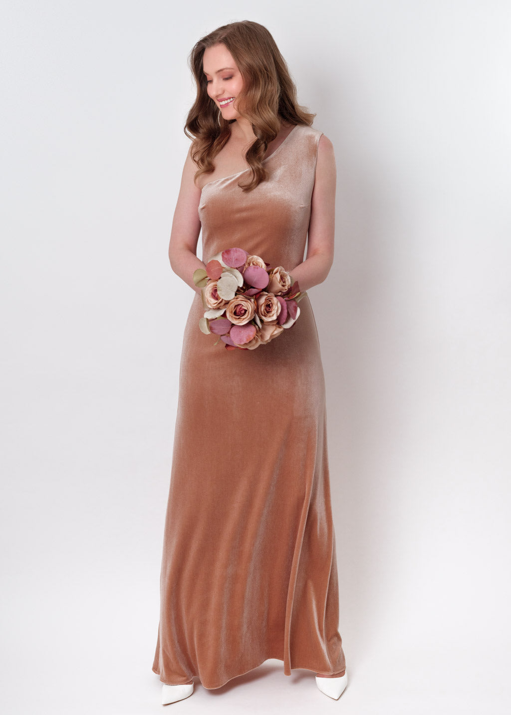 Champagne beige velvet one shoulder dress