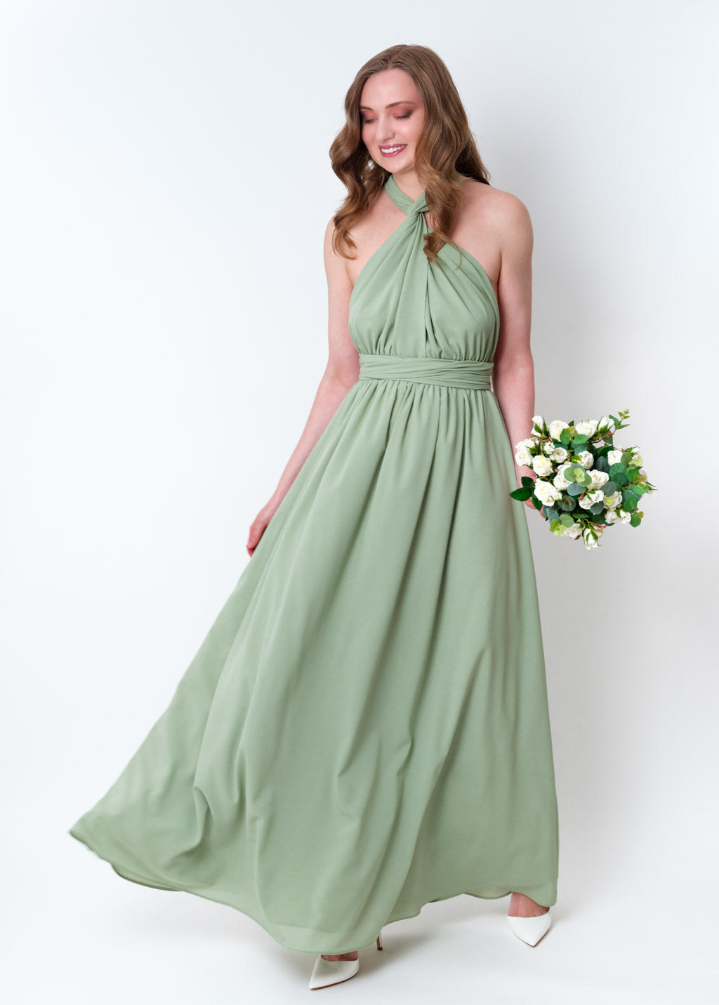Sage green chiffon infinity pleated dress