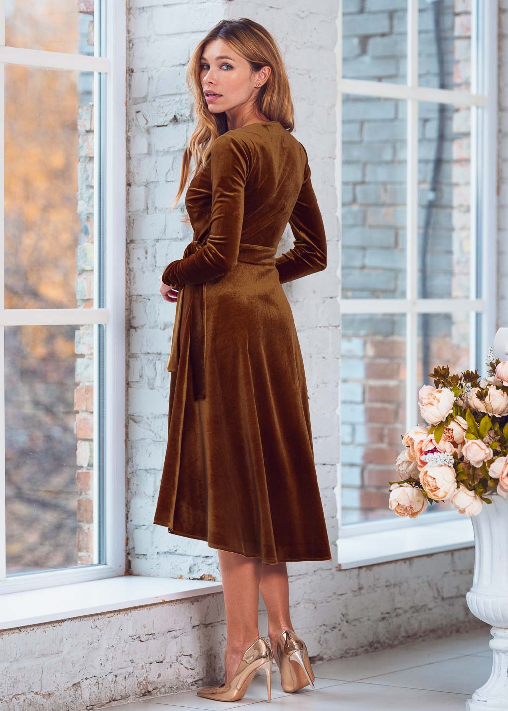 Rust gold wrap velvet dress