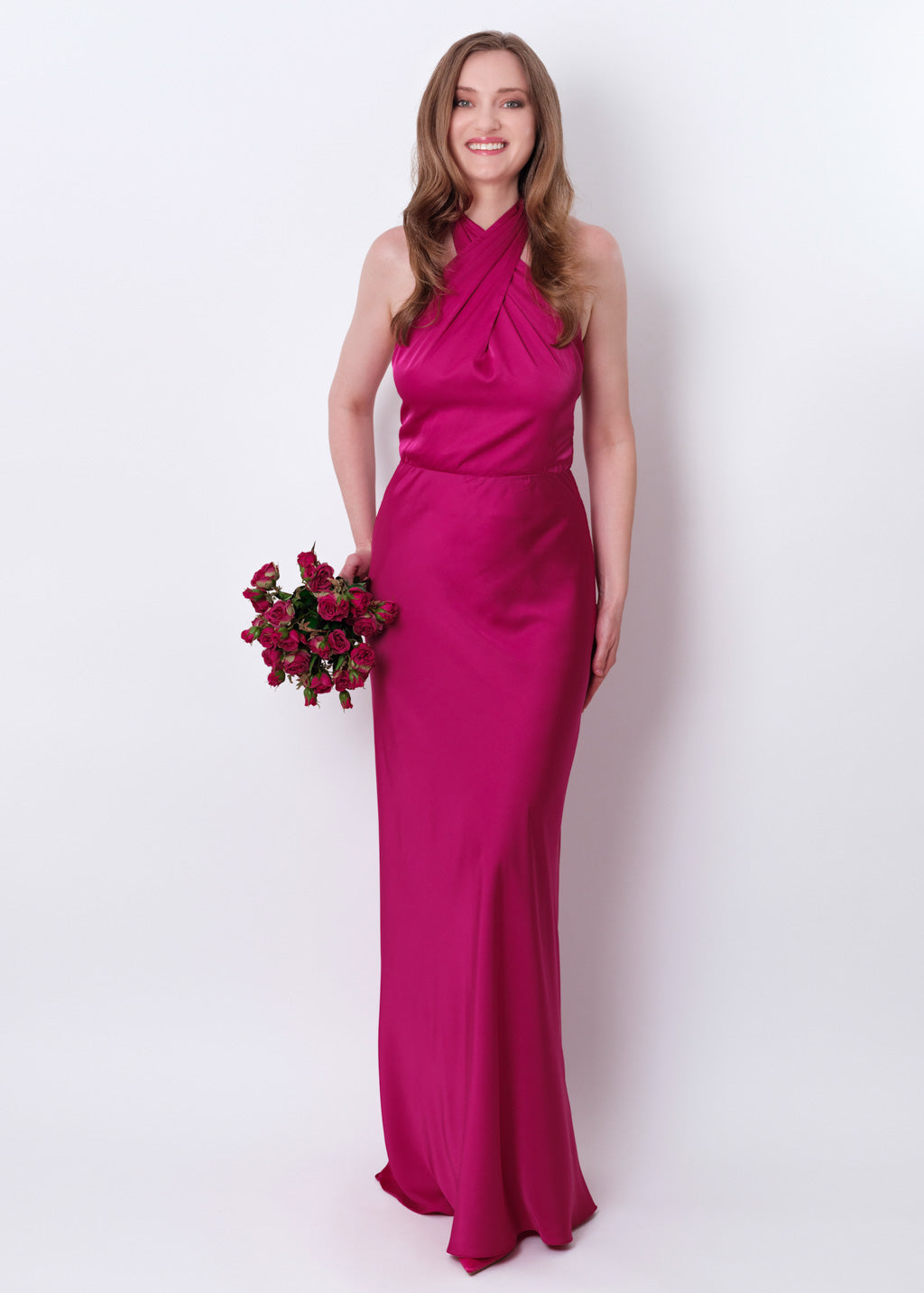 Fuchsia silk long halter dress