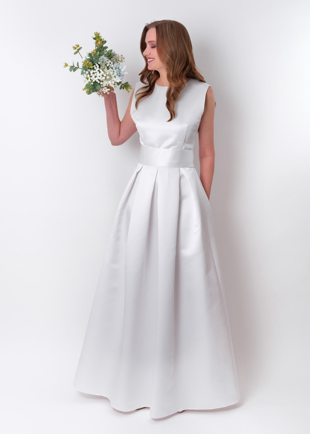 White long satin dress with belt