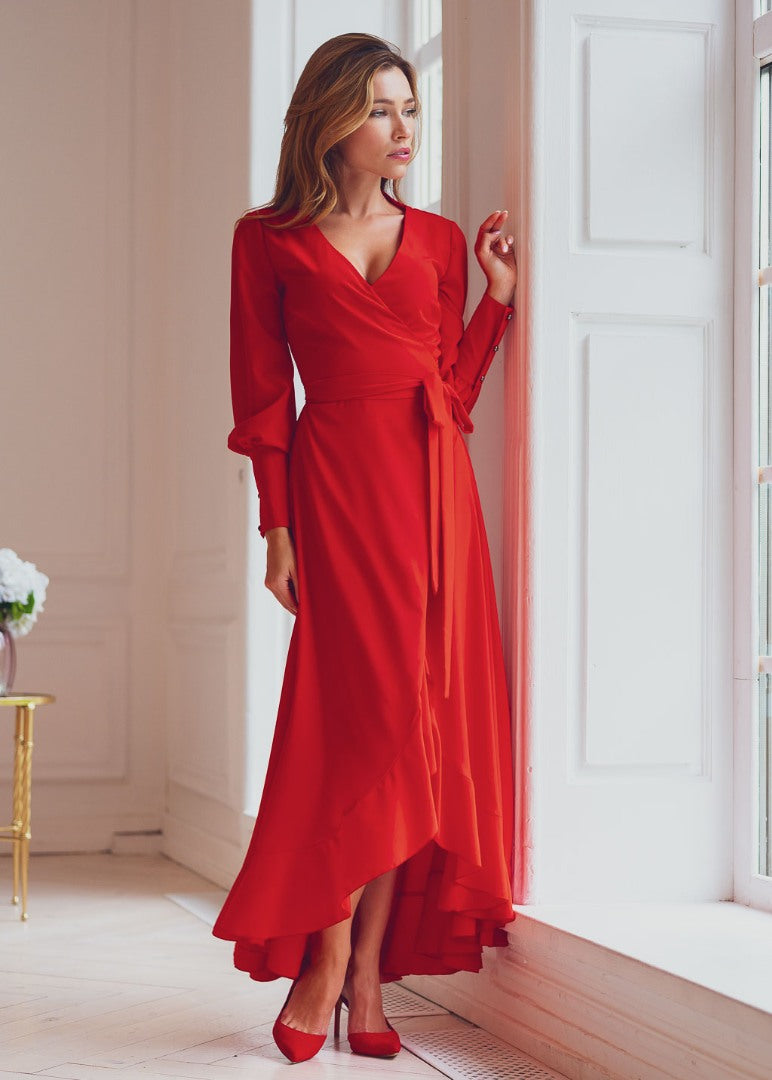 Red long wrap dress