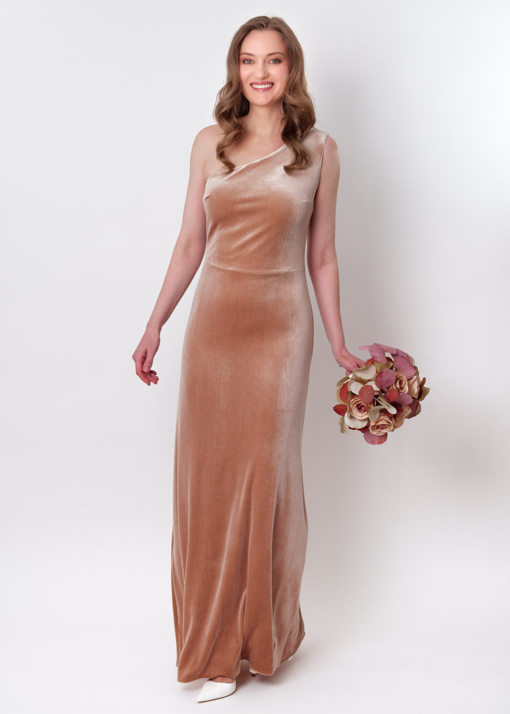 Champagne beige velvet one shoulder dress