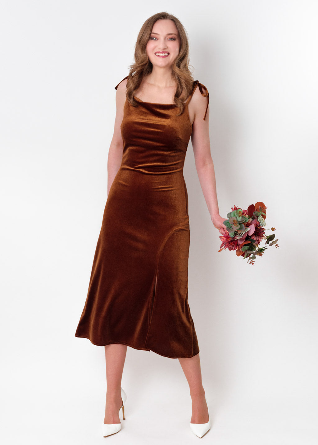 Rust gold slip slit velvet bodycon dress