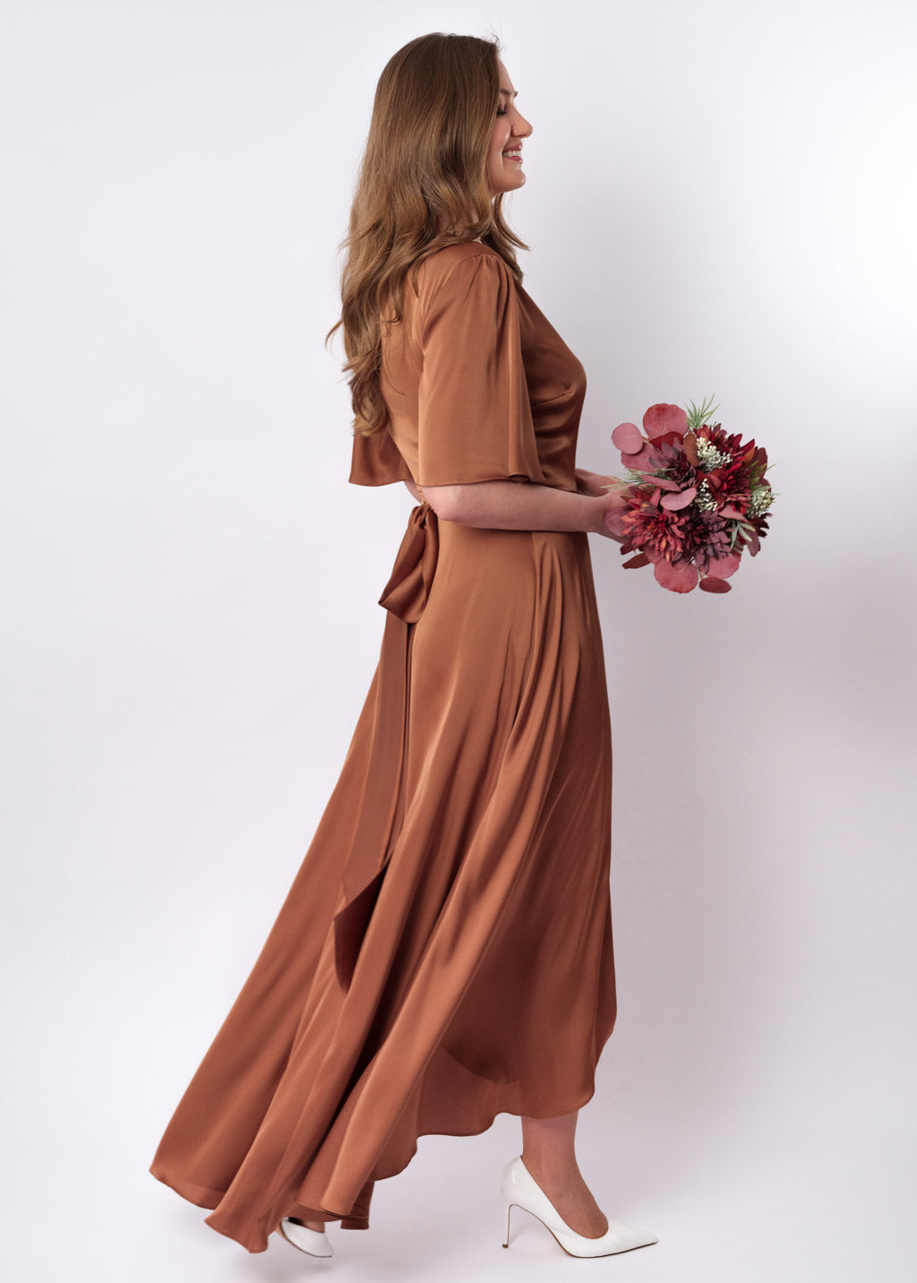 Copper gold silk long wrap dress