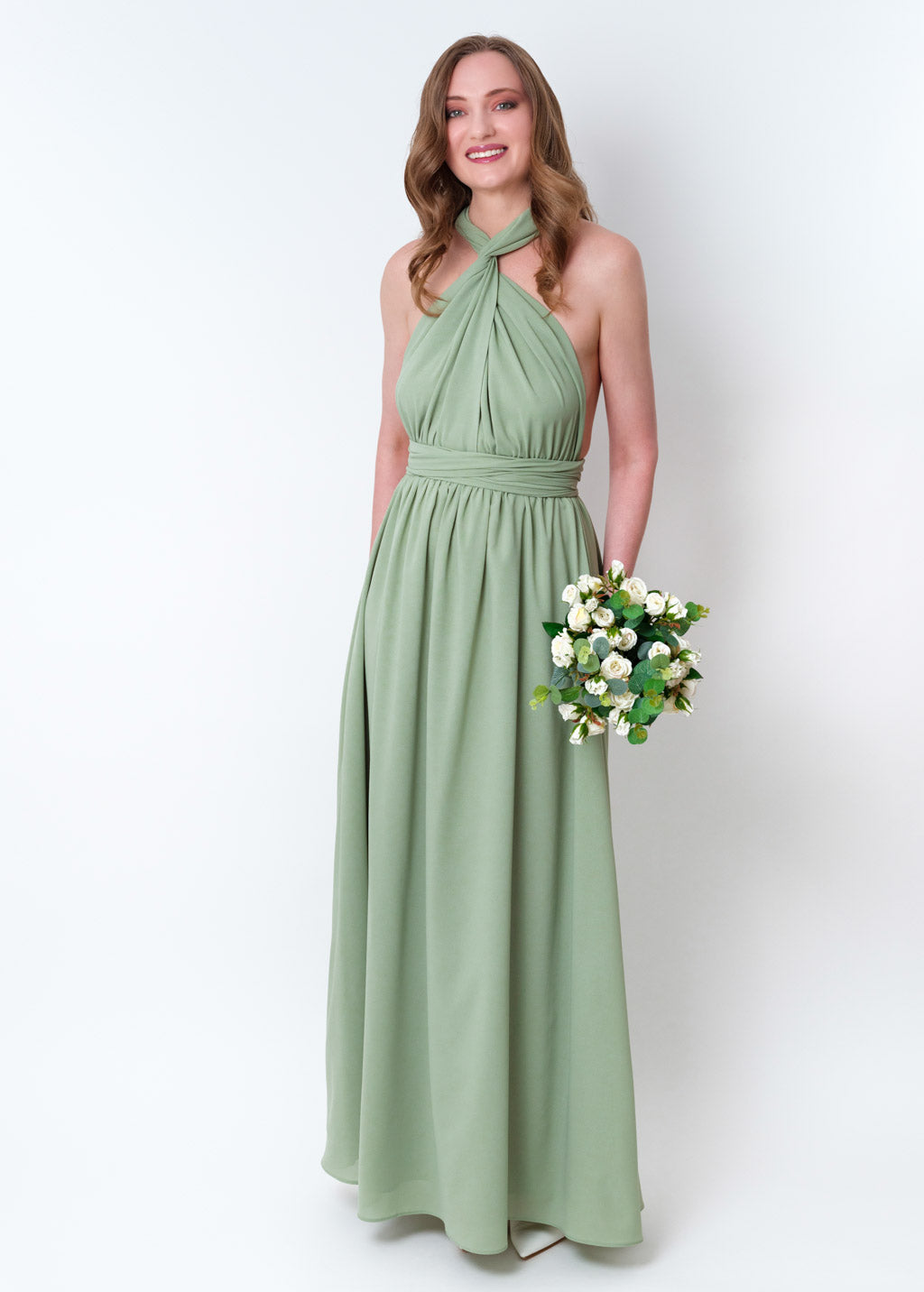 Sage green chiffon infinity pleated dress