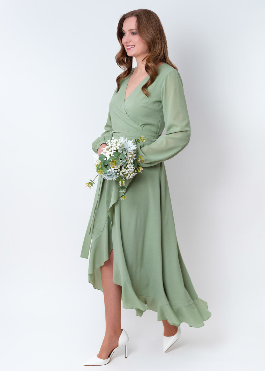 Sage green chiffon wrap dress