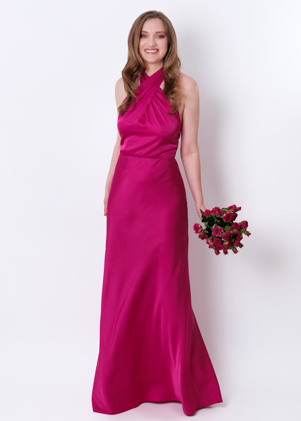 Fuchsia silk long halter dress