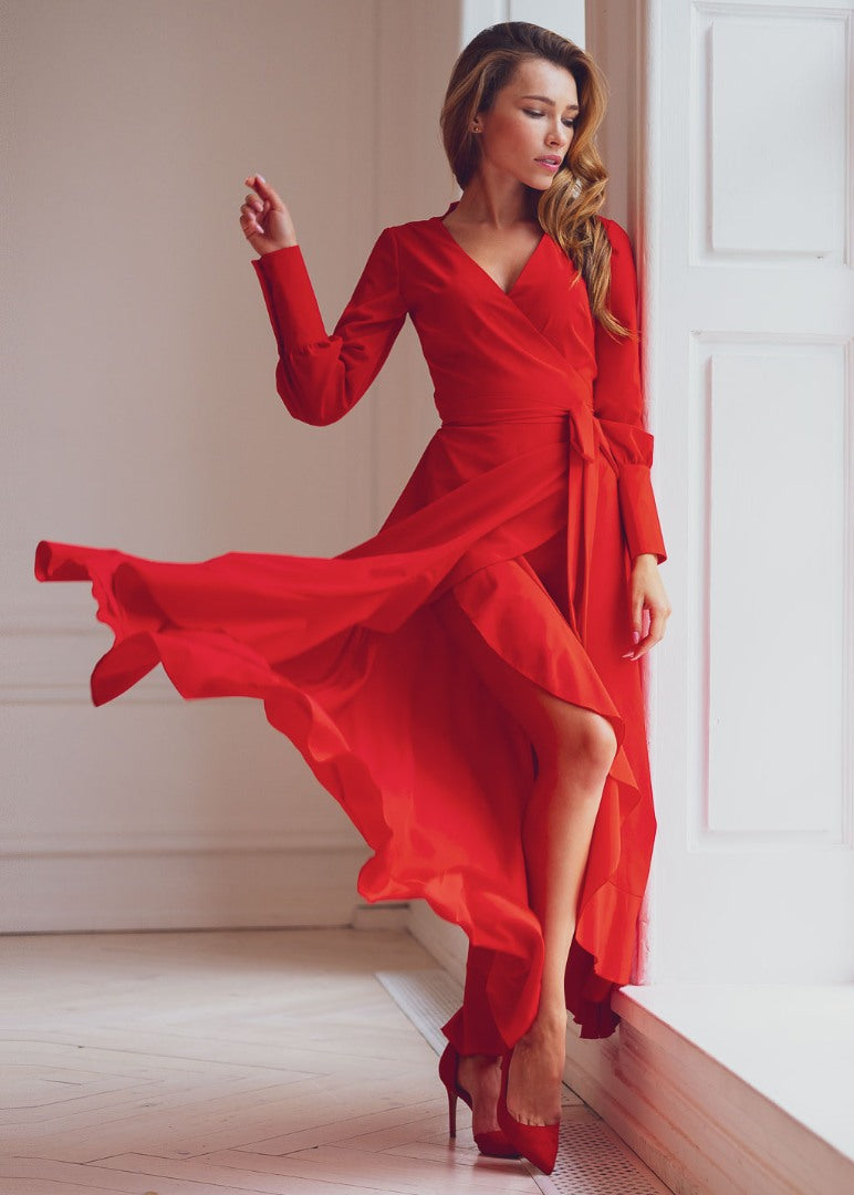 Red long wrap dress