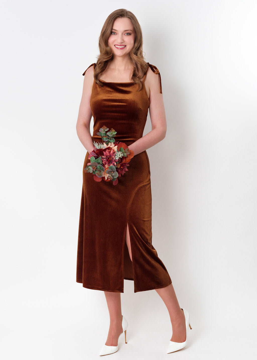 Rust gold slip slit velvet bodycon dress