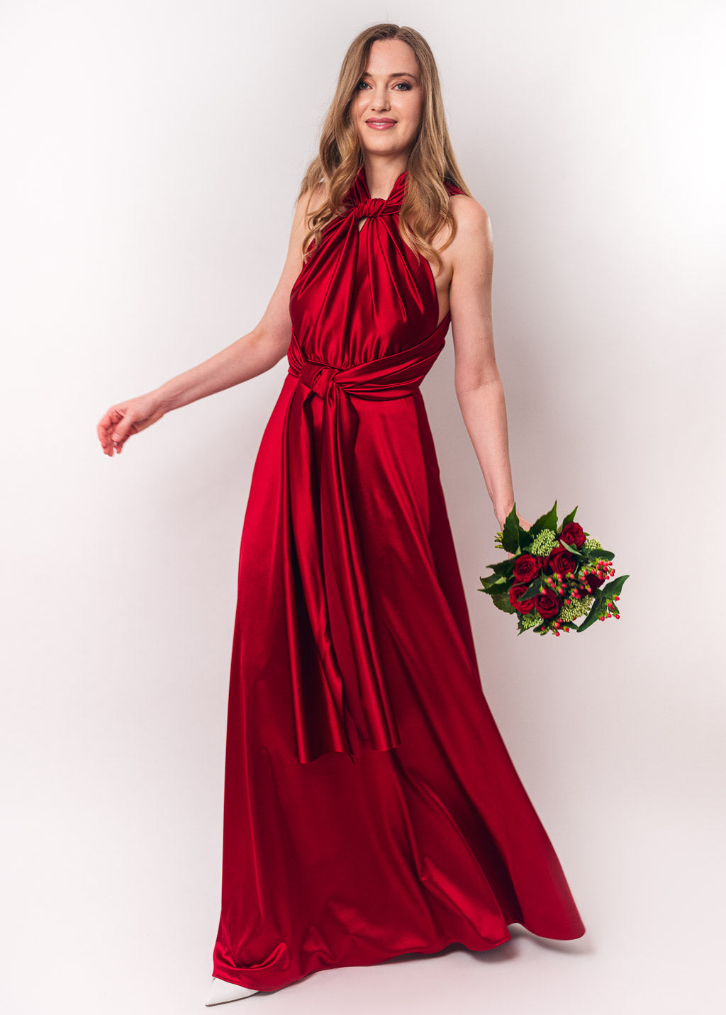 Red burgundy luxury satin infinity dress or jumpsuit