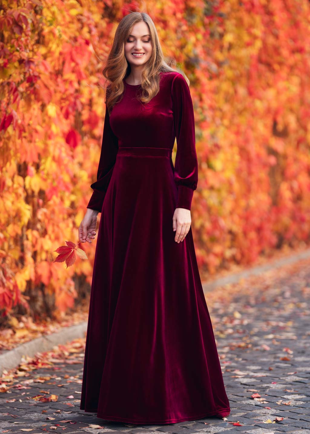 Burgundy velvet long dress
