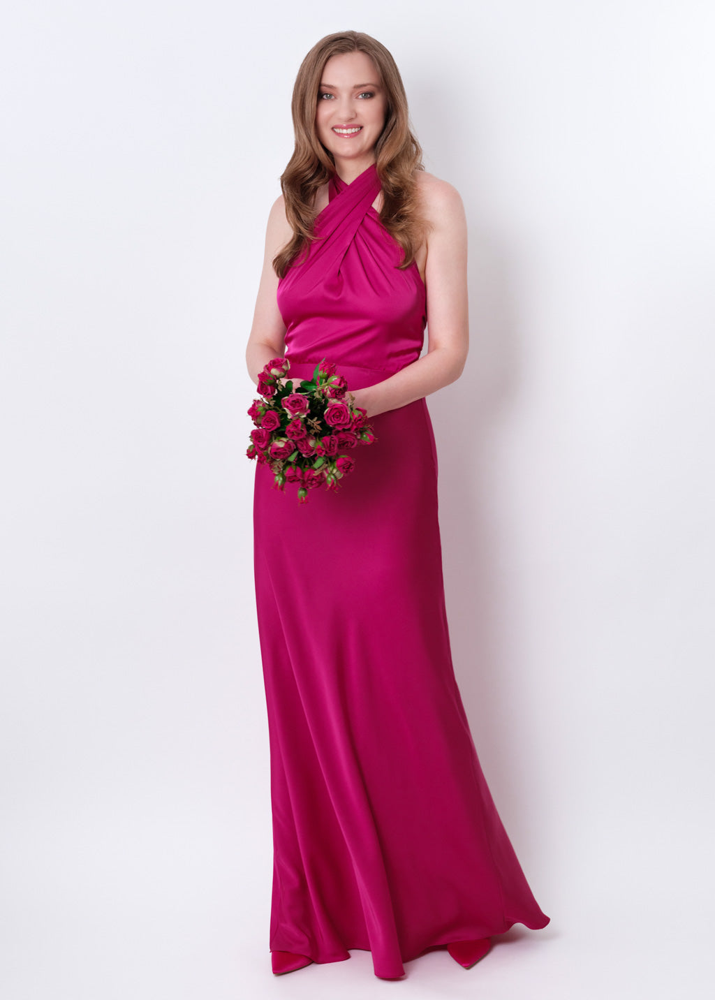 Fuchsia silk long halter dress