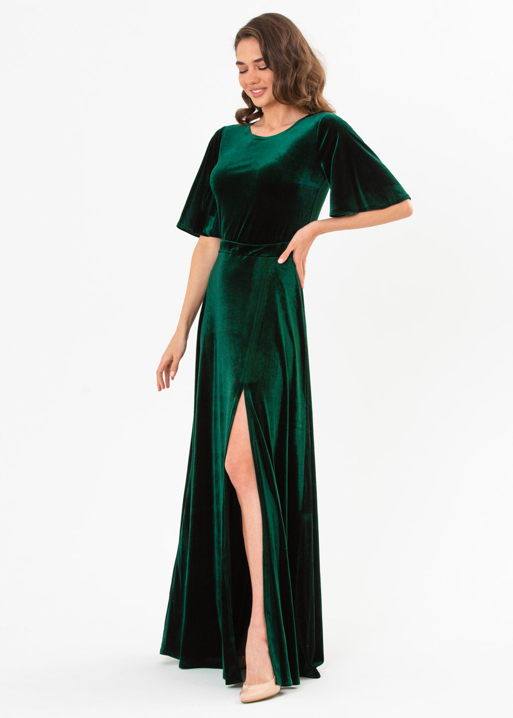 Emerald green velvet slit dress