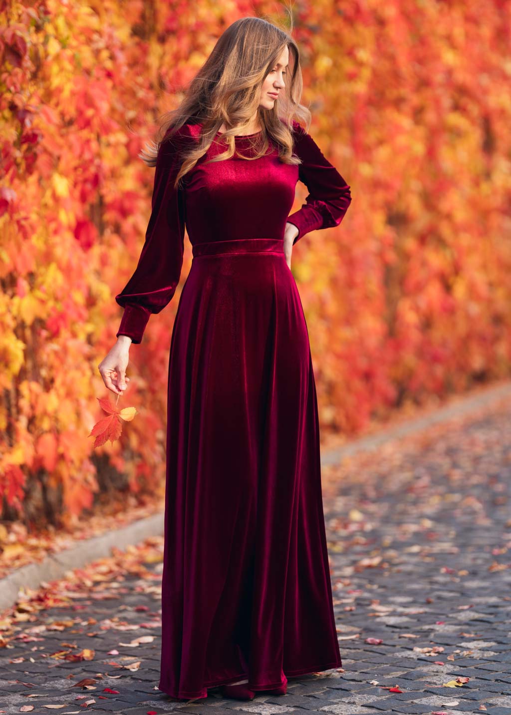 Burgundy velvet long dress