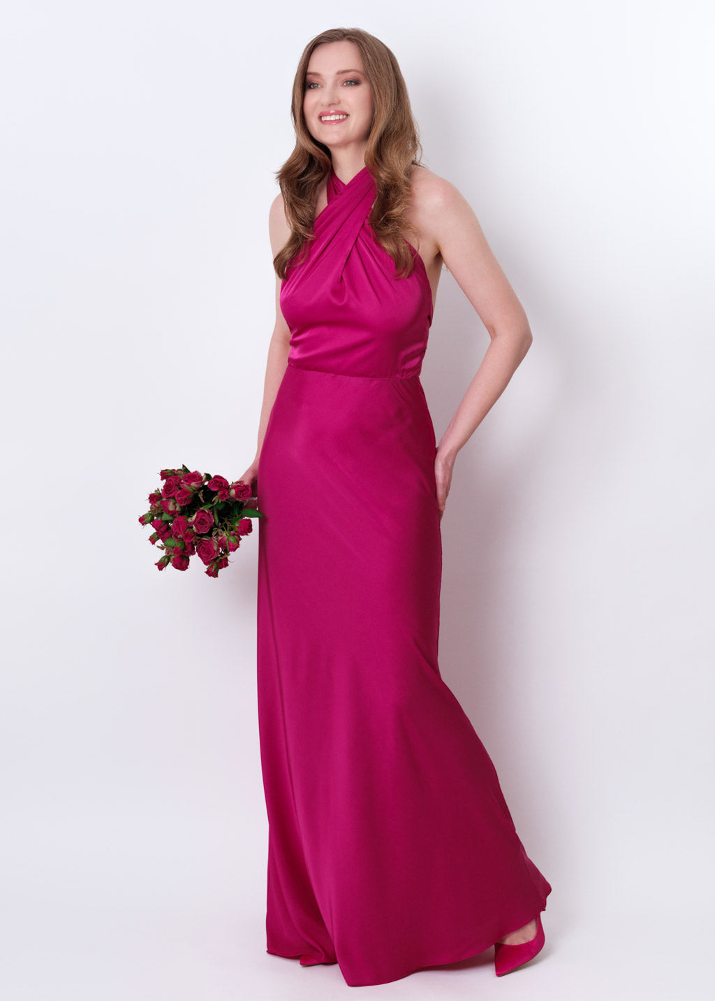 Fuchsia silk long halter dress