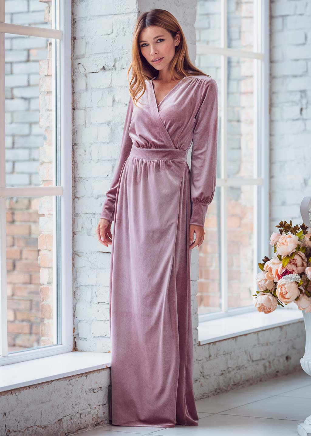 Mauve long wrap velvet robe