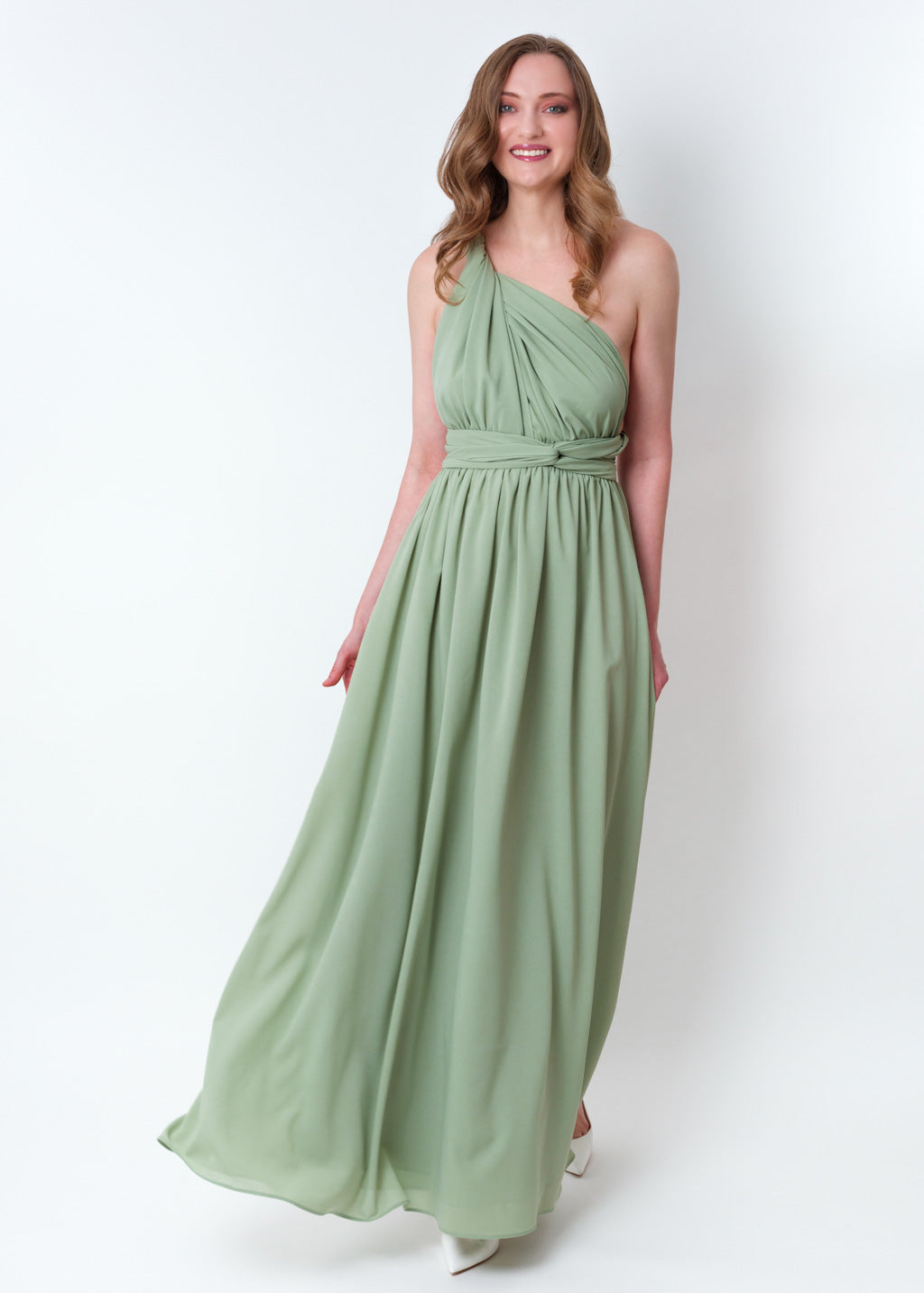Sage green chiffon infinity pleated dress