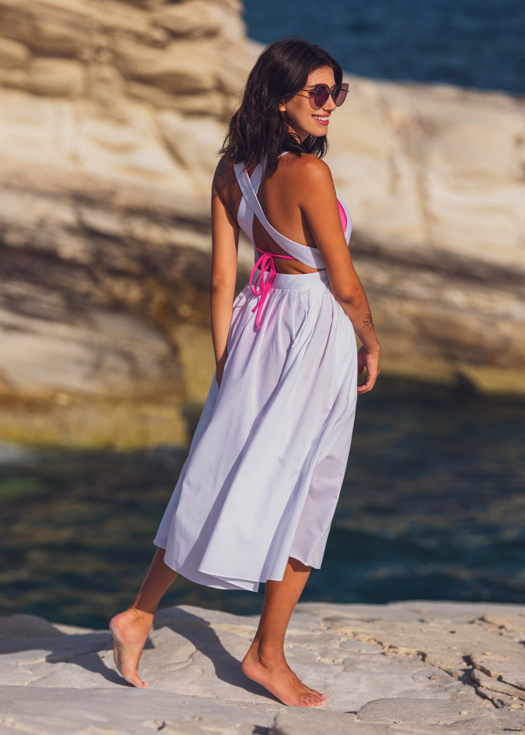 White organic cotton cross-back dress