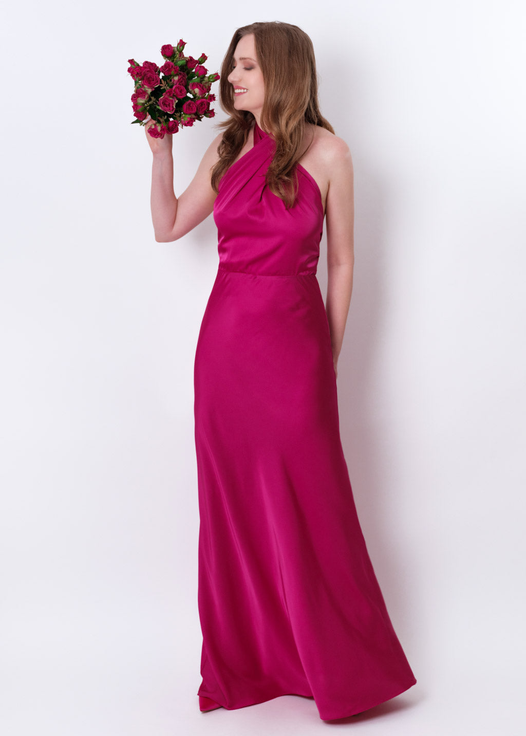Fuchsia silk long halter dress