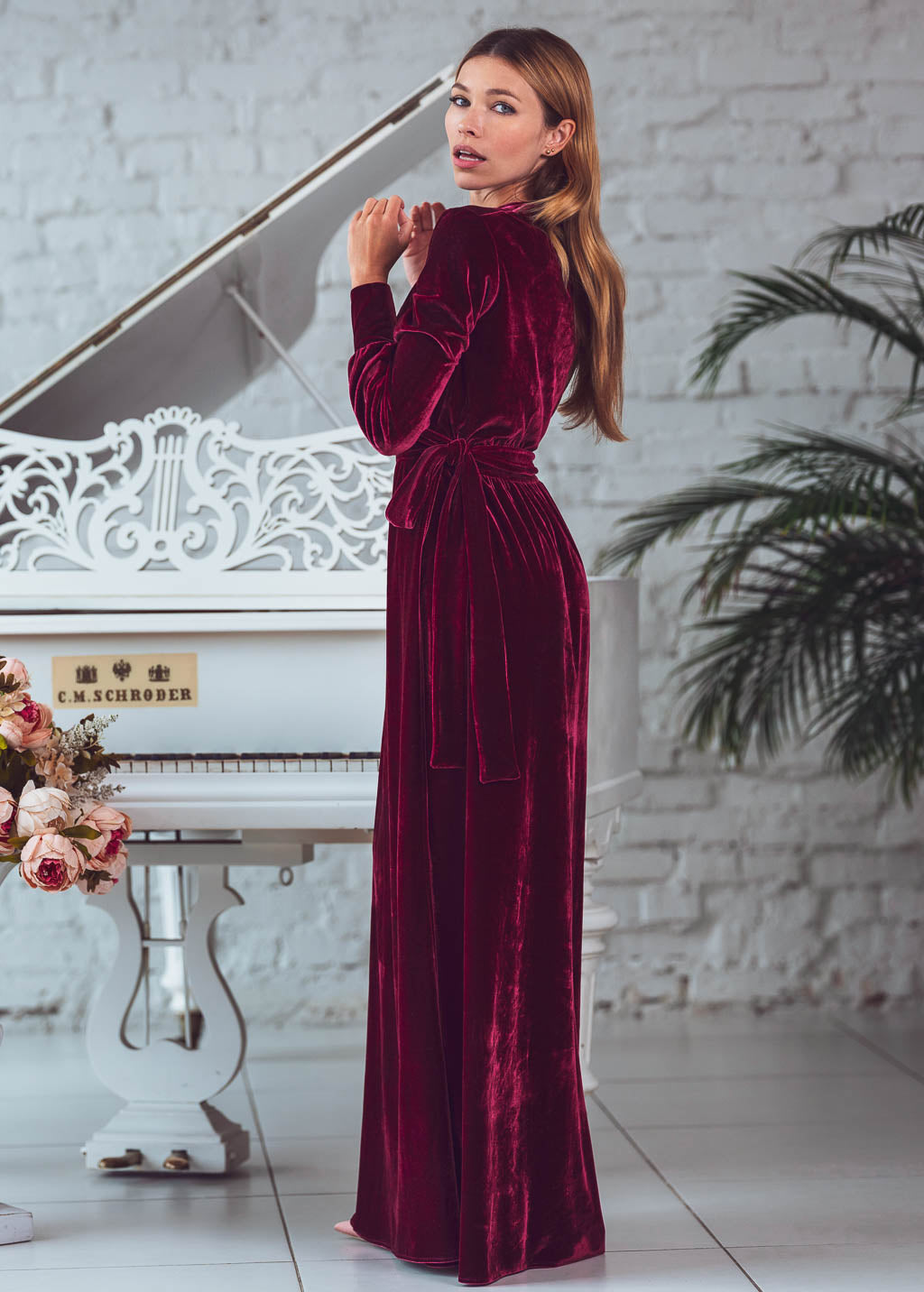 Burgundy long wrap dress