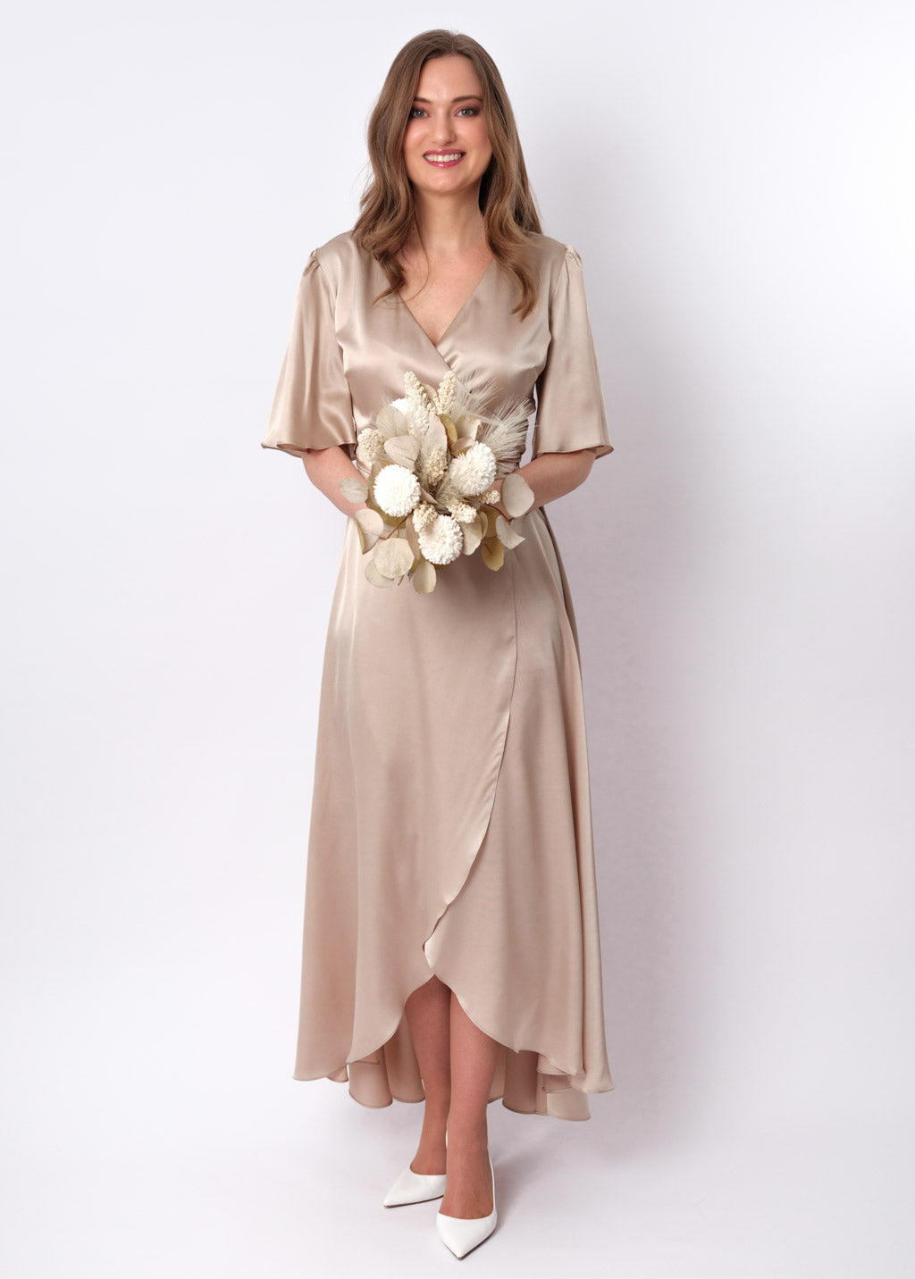 Champagne beige silk long wrap dress