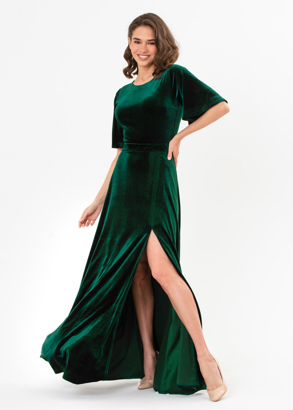 Emerald green velvet slit dress
