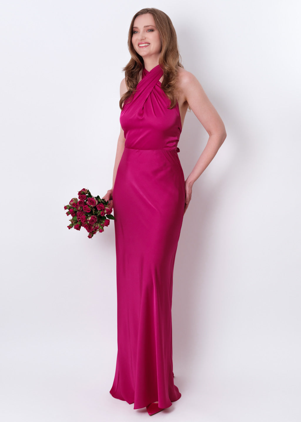Fuchsia silk long halter dress