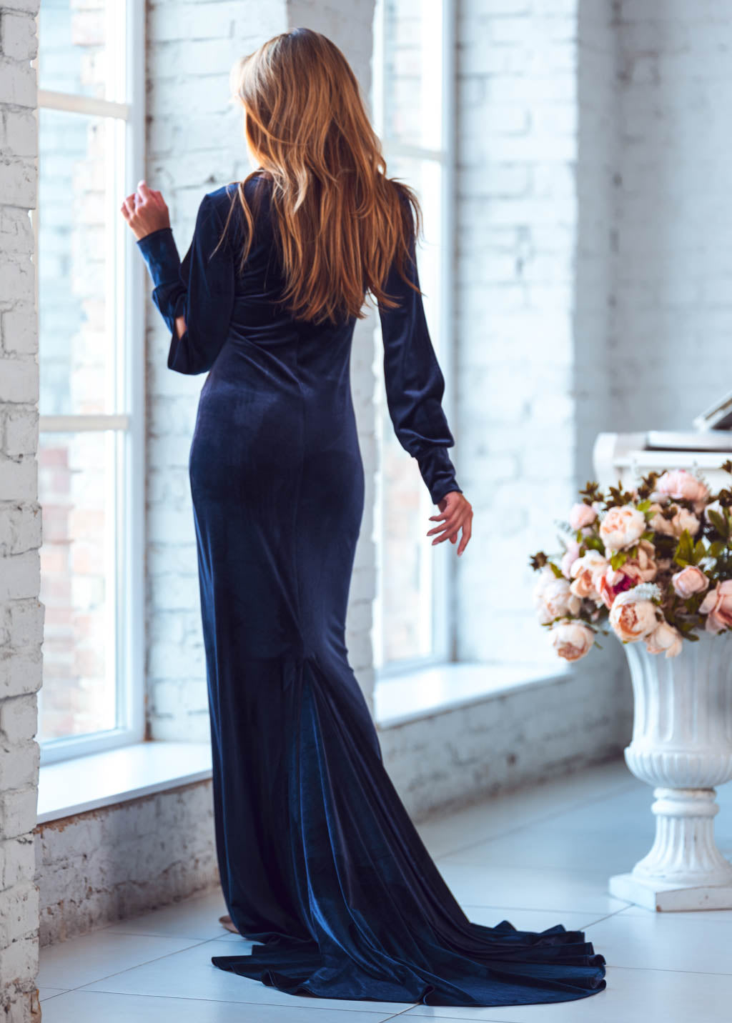 Navy blue maxi velvet mermaid long train dress