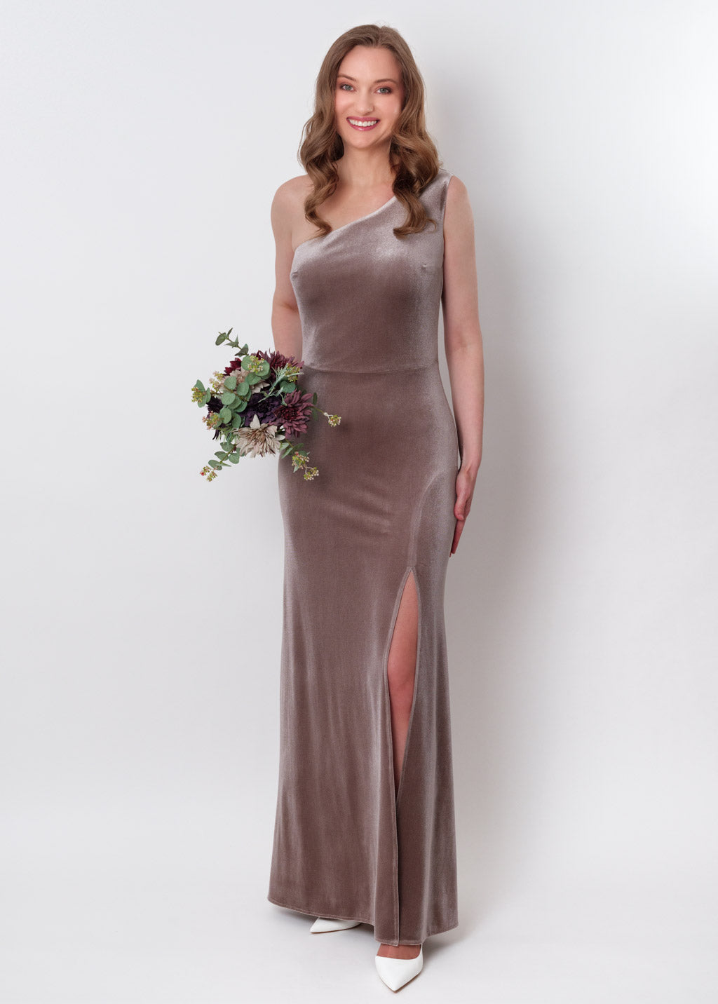 Taupe velvet one shoulder slit dress