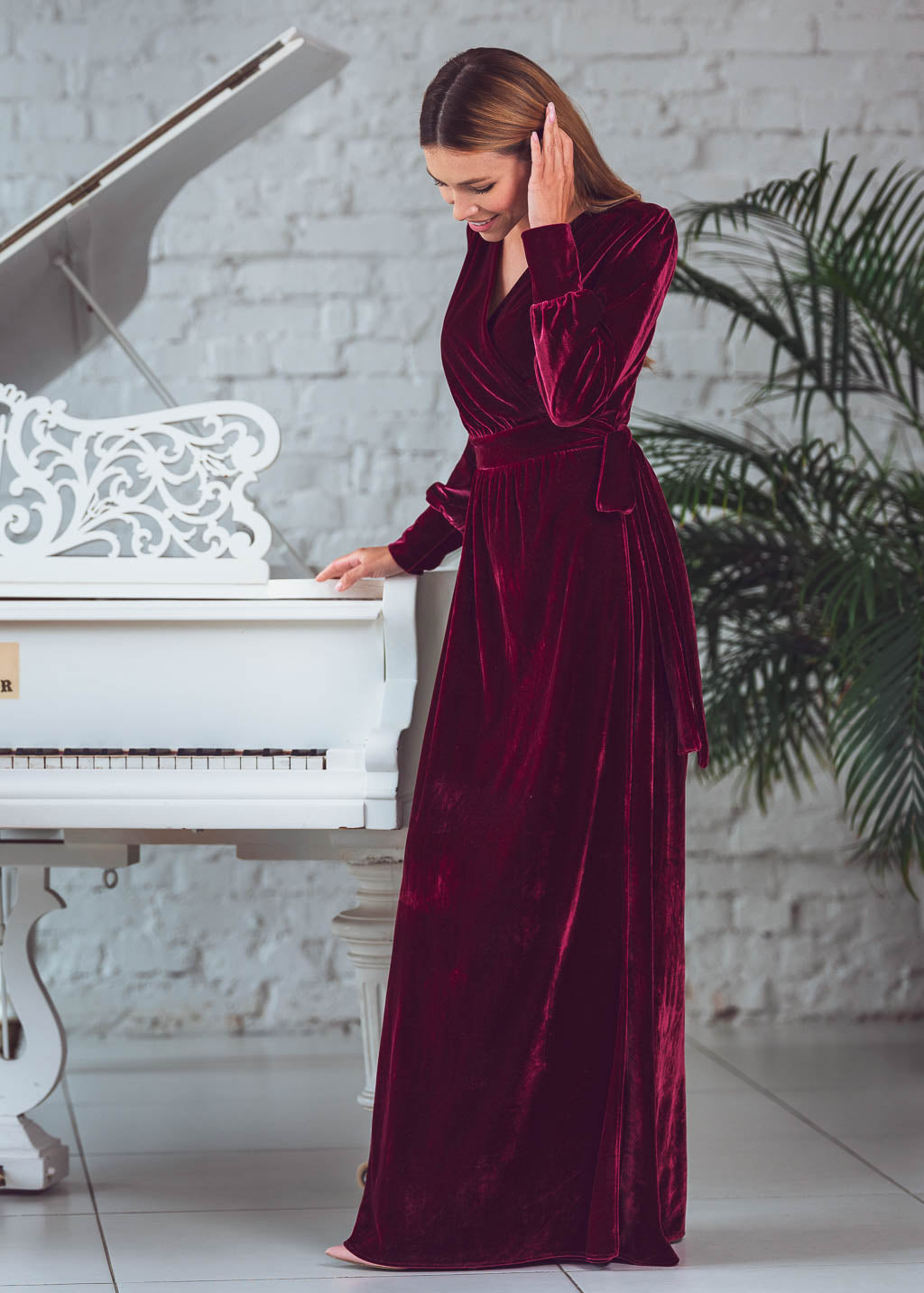 Burgundy long wrap dress