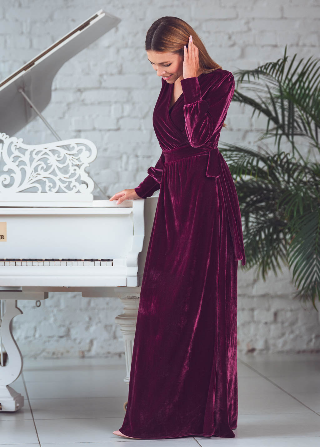 Plum burgundy long wrap velvet robe