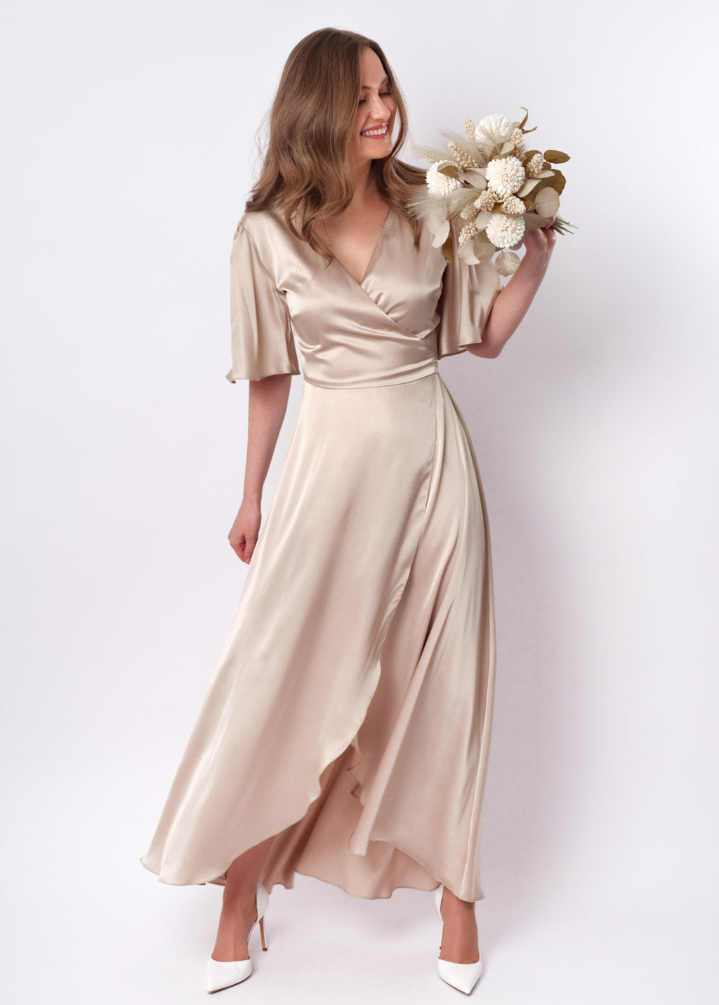Champagne beige silk long wrap dress