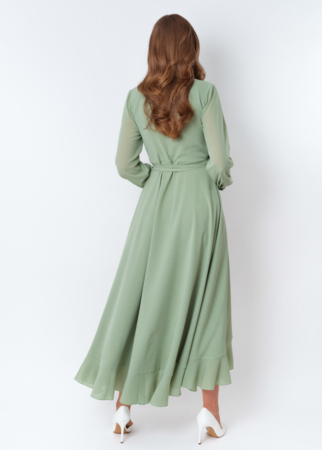 Sage green chiffon wrap dress