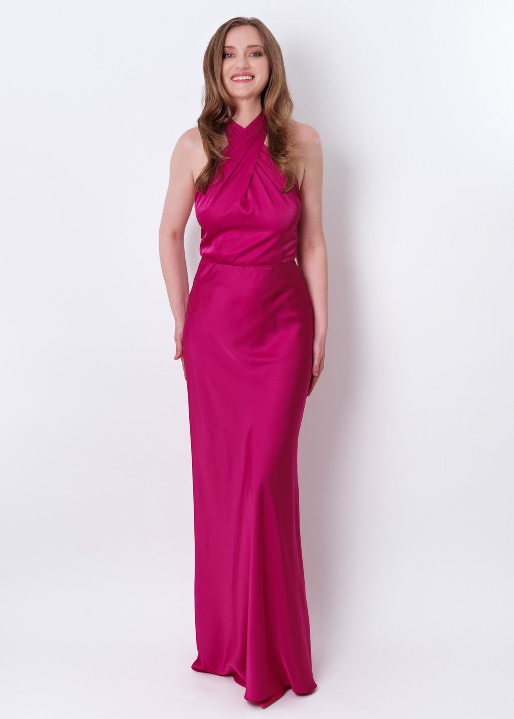 Fuchsia silk long halter dress