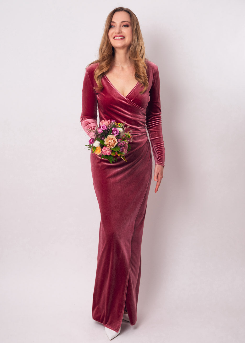 Dusty rose long wrap bodycon velvet dress