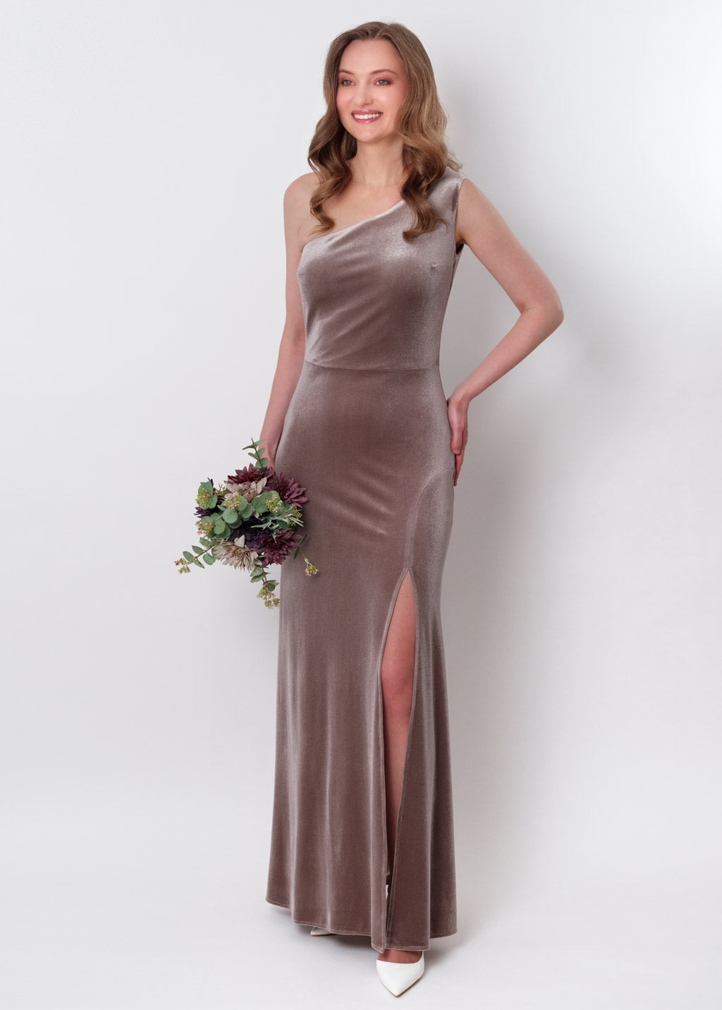 Taupe velvet one shoulder slit dress