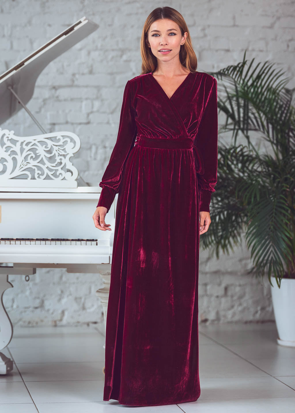 Burgundy long wrap dress