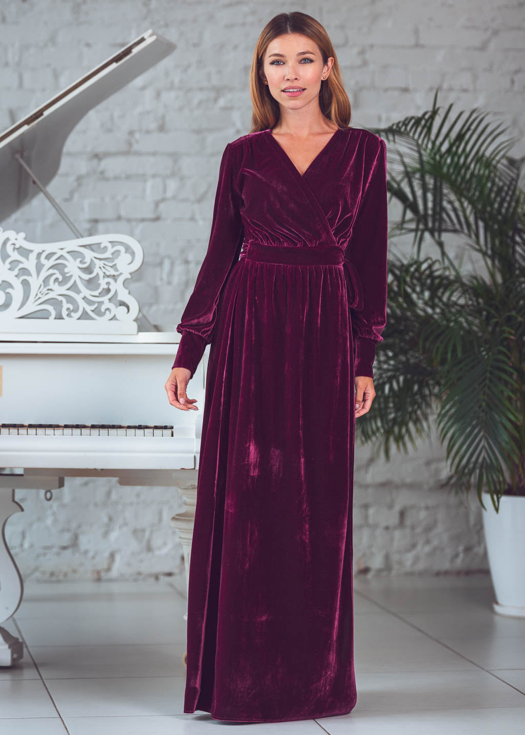 Plum burgundy long wrap dress