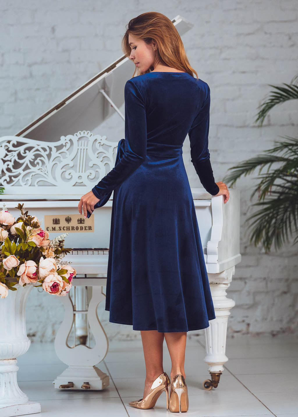 Navy blue wrap velvet dress