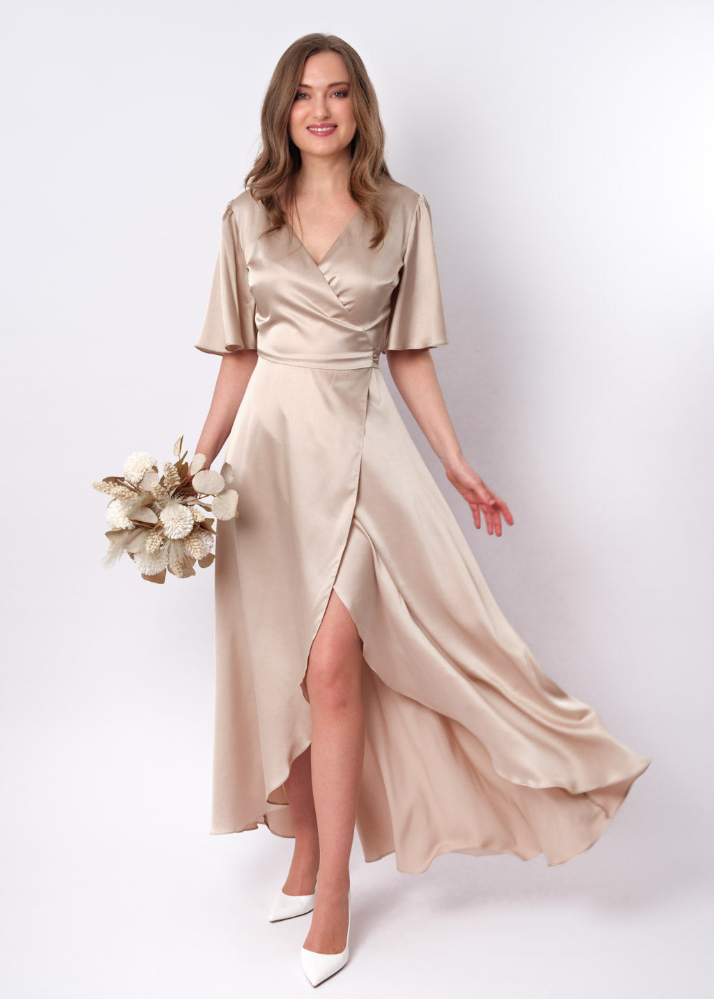 Champagne beige silk long wrap dress